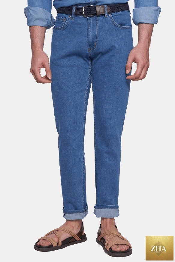 Bright Moons Classic Jean showing traditional denim fit with five-pocket design and light blue wash.