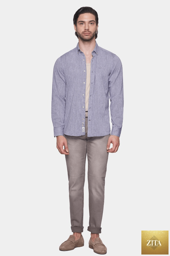 Bright Moons lavender linen shirt displayed on a hanger, showcasing its soft fabric and stylish collar design.