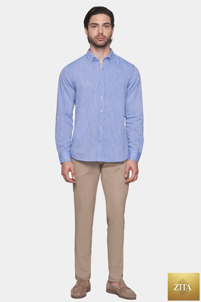 Bright Moons luxury linen shirt in periwinkle color, featuring a relaxed fit and lightweight fabric, displayed on a hanger.