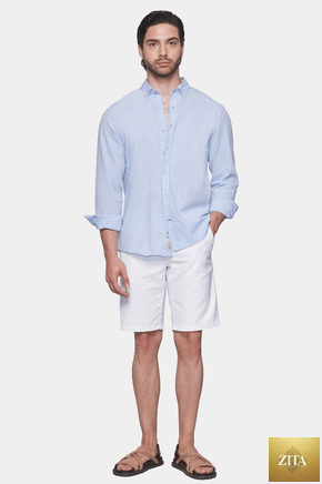 Bright Moons luxury linen shirt in sky blue, lightweight and breathable, featuring a classic collar and relaxed fit.