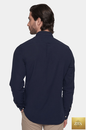 Bright Moons luxury linen shirt in classic navy, shown on a hanger with a close-up of the fabric and collar detailing.