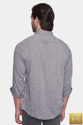 Bright Moons luxury linen shirt in primer gray, featuring a relaxed fit and soft linen fabric, displayed on a hanger.