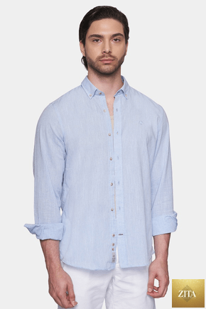 Sky blue luxury linen shirt by Bright Moons, featuring a relaxed fit and lightweight fabric, displayed on a hanger.