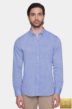 Bright Moons luxury linen shirt in periwinkle color, shown with a relaxed fit, collar, and button-down front.