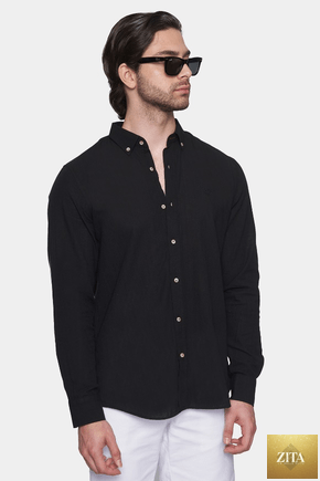 Bright Moons luxury linen shirt in jet black, showing a close-up of the soft, breathable linen fabric and tailored collar.