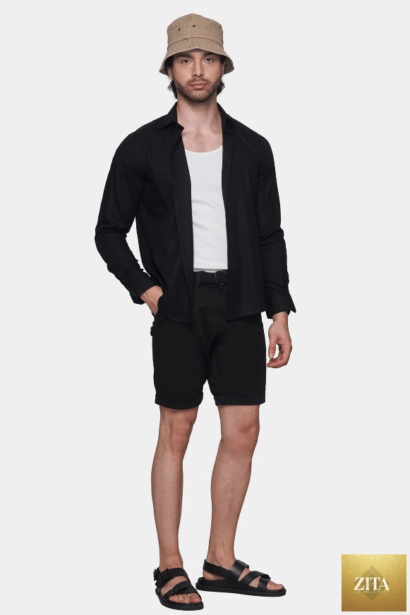Bright Moons summer shorts in jet black, casual fit with lightweight fabric, shown laid flat on a white background.