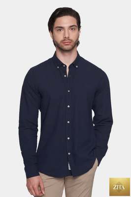 Bright Moons luxury linen shirt in classic navy, lightweight and breathable fabric, shown on a mannequin.