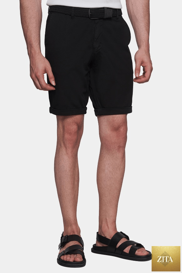 Bright Moons Summer Shorts in Jet Black, featuring a casual fit and elastic waistband, displayed on a model.