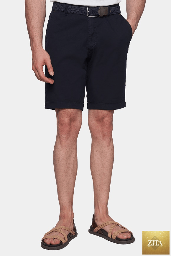 Navy Bright Moons summer shorts displayed on a model, showcasing lightweight fabric and relaxed fit for warm weather wear.
