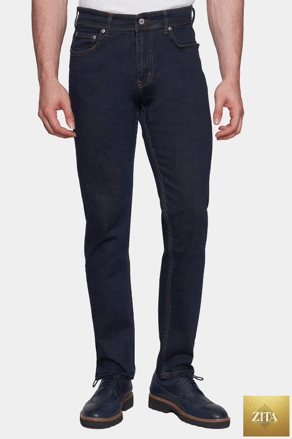 Black jeans from Bright Moons' The Classic Jean collection, showing a close-up of the fabric and stitching details.