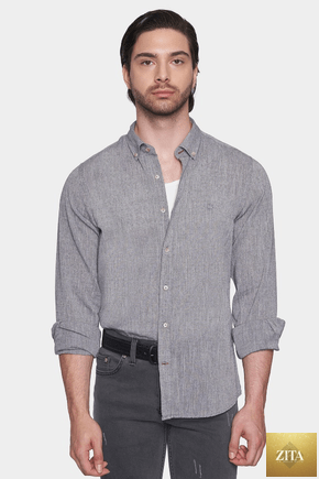 Bright Moons luxury linen shirt in primer gray, showcasing lightweight, breathable fabric and relaxed fit on a hanger.