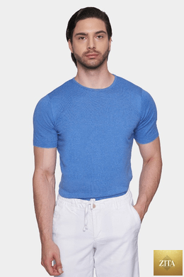 Bright Moons The Essential Shirt in classic blue, featuring a comfortable fit and button-down design, displayed on a hanger.