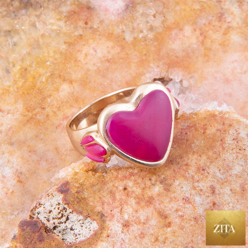Pink agate heart-shaped statement ring by Barse Jewelry featuring a gold-tone band and bold design.