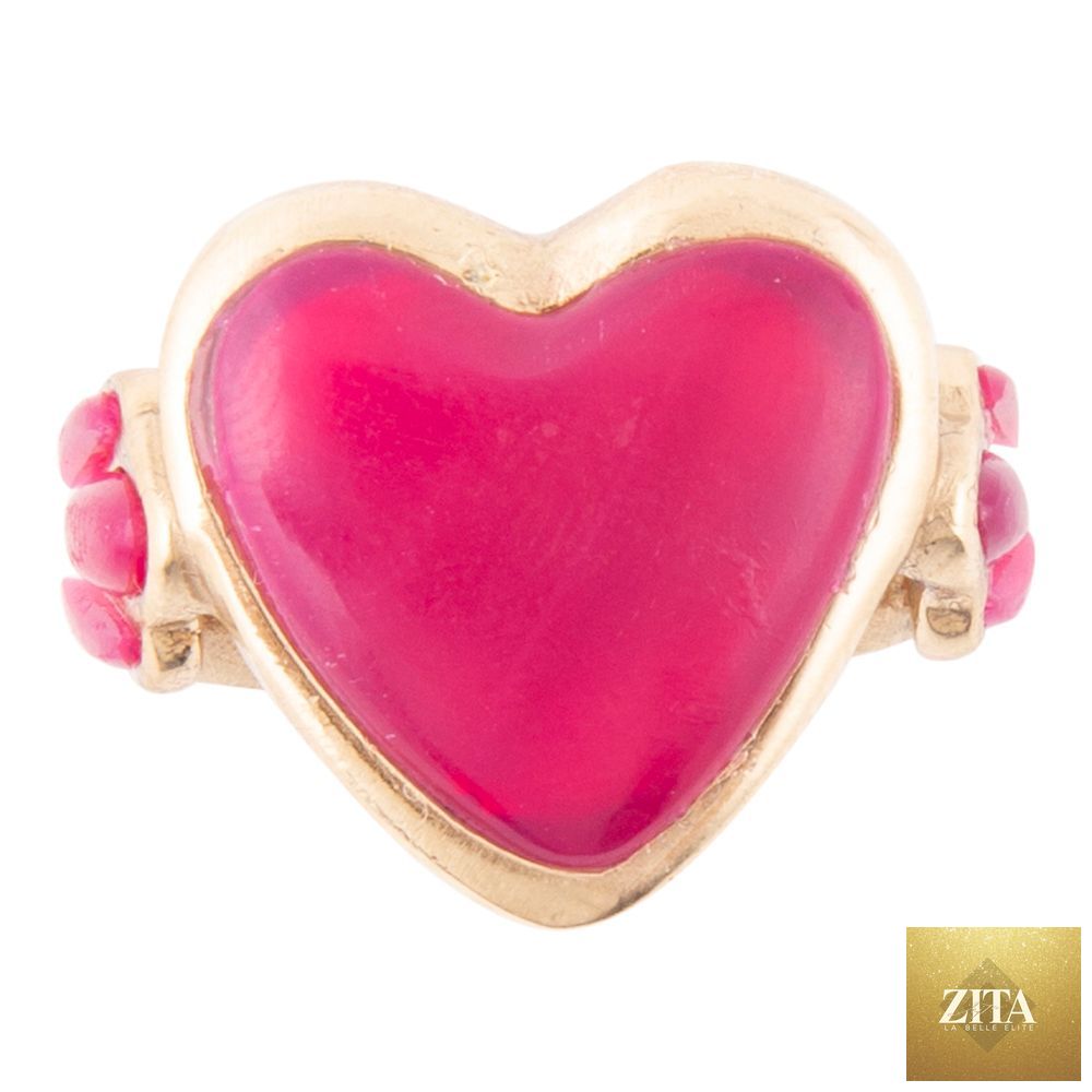 Pink agate heart-shaped statement ring by Barse Jewelry featuring a gold-tone band and bold, eye-catching design.