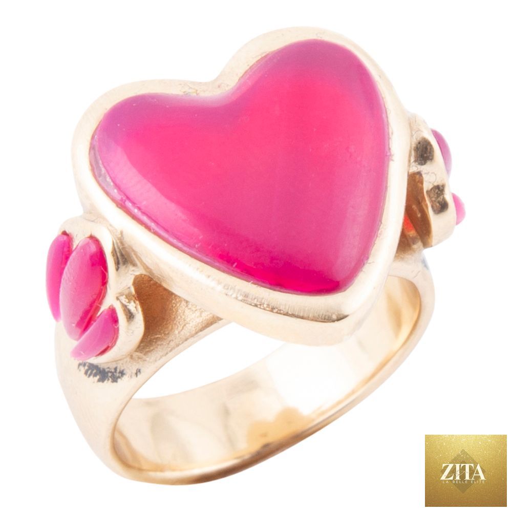 Pink agate heart-shaped statement ring by Barse Jewelry featuring a gold-tone band and bold, eye-catching design.