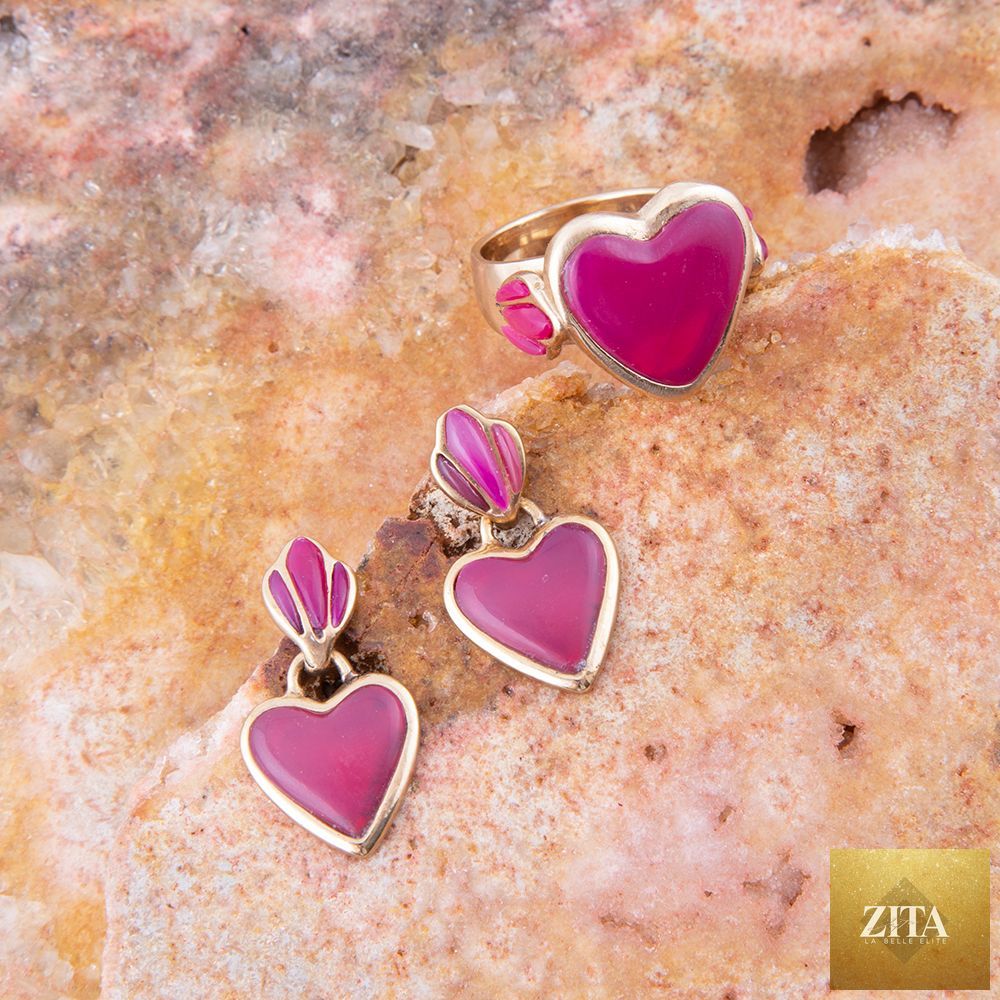Pink agate heart statement ring by Barse Jewelry featuring a gold-tone band and bold pink gemstone design.