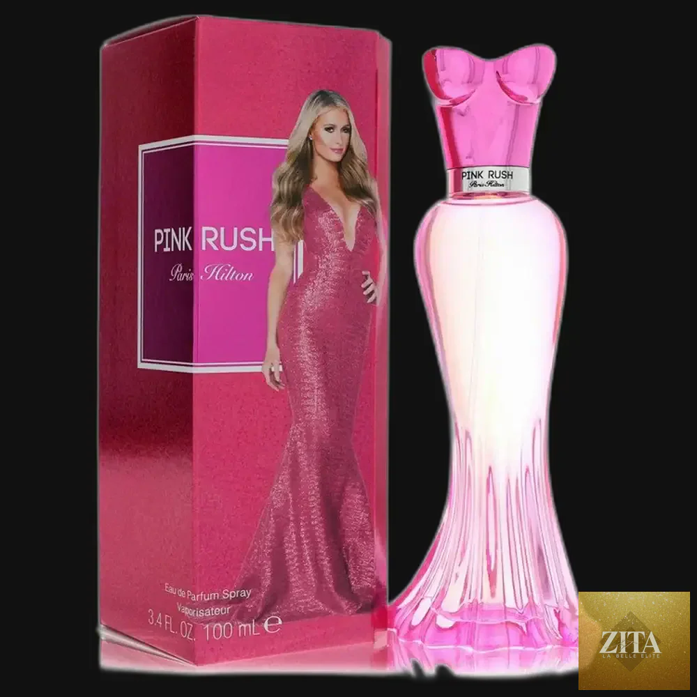 Pink Rush perfume by Paris Hilton for women in a 3.4 oz eau de parfum spray, featuring a pink floral fragrance.