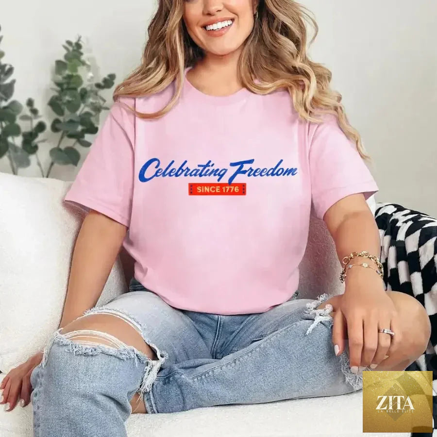 Pink 4th of July T-Shirt by Adorb Custom Tees featuring patriotic design celebrating freedom since 1776.