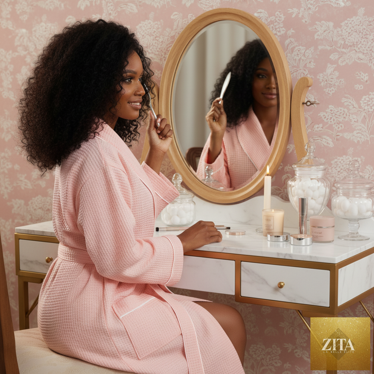 Pink women's waffle piping bathrobe from Lotus Linen, lightweight spa-style robe with comfortable, soft fabric.