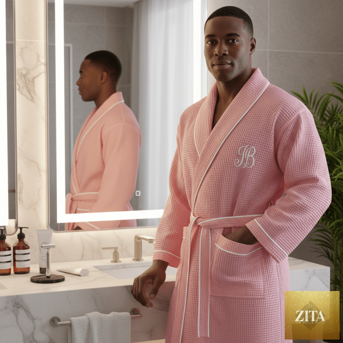 Pink waffle piping robe for men by Lotus Linen, soft and cozy men's waffle robe with piping details in a luxurious fabric.