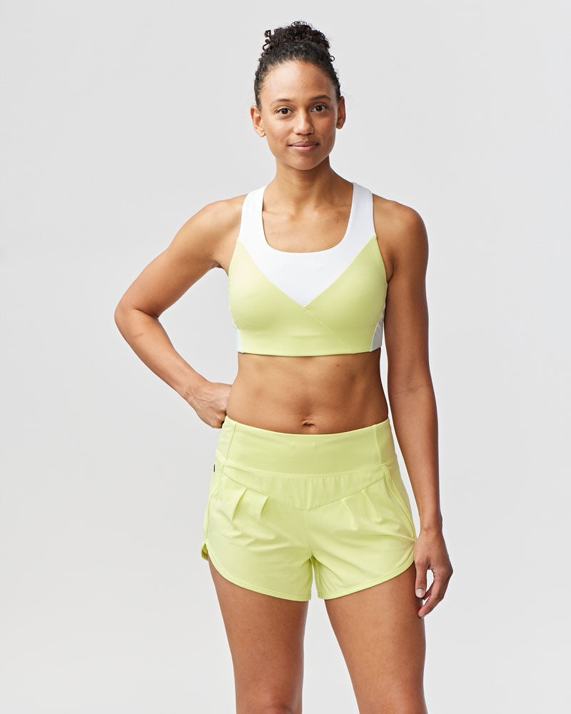 Goal Five Pionxr training bra top in limelight color, stretchy athletic wear with supportive fit and breathable fabric.