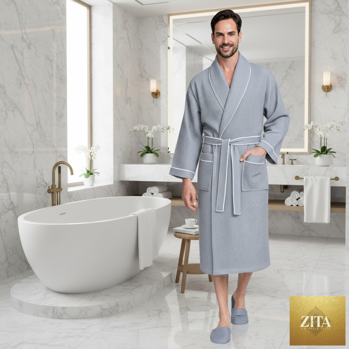 Lotus Linen men's premium waffle piping robe showing soft, textured waffle fabric with piping trim, designed for comfort and style.