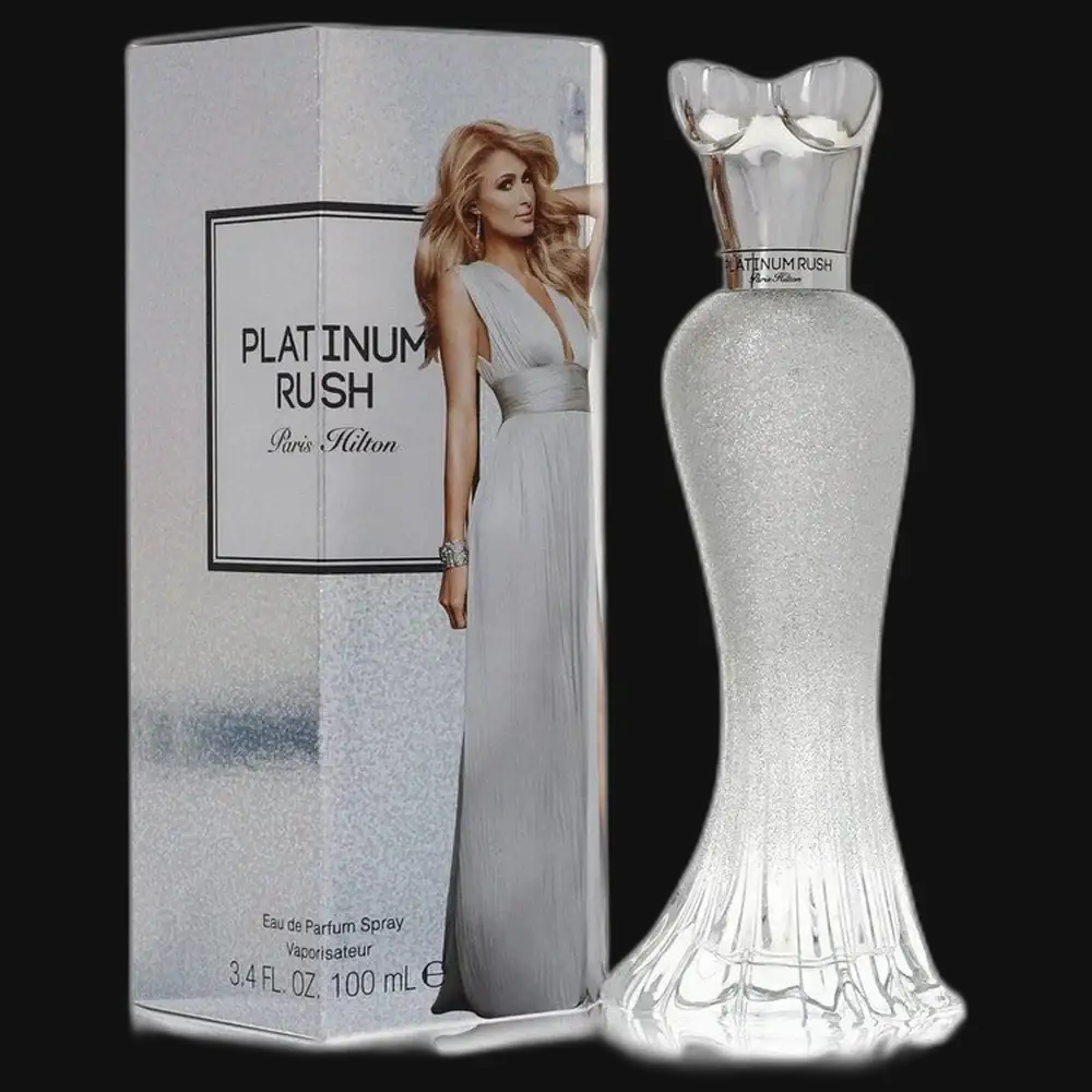 Platinum Rush by Paris Hilton perfume for women in a 3.4 oz eau de parfum spray, featuring a sleek bottle design.