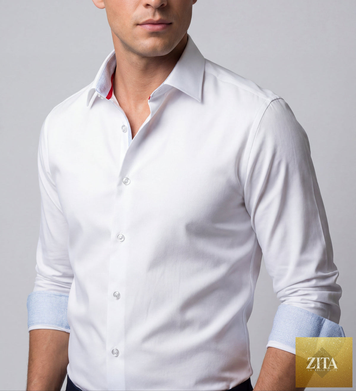 Man wearing a white Kenneth Cotton Knit-Stretch button-up shirt with contrast details, tailored fit, and long sleeves.
