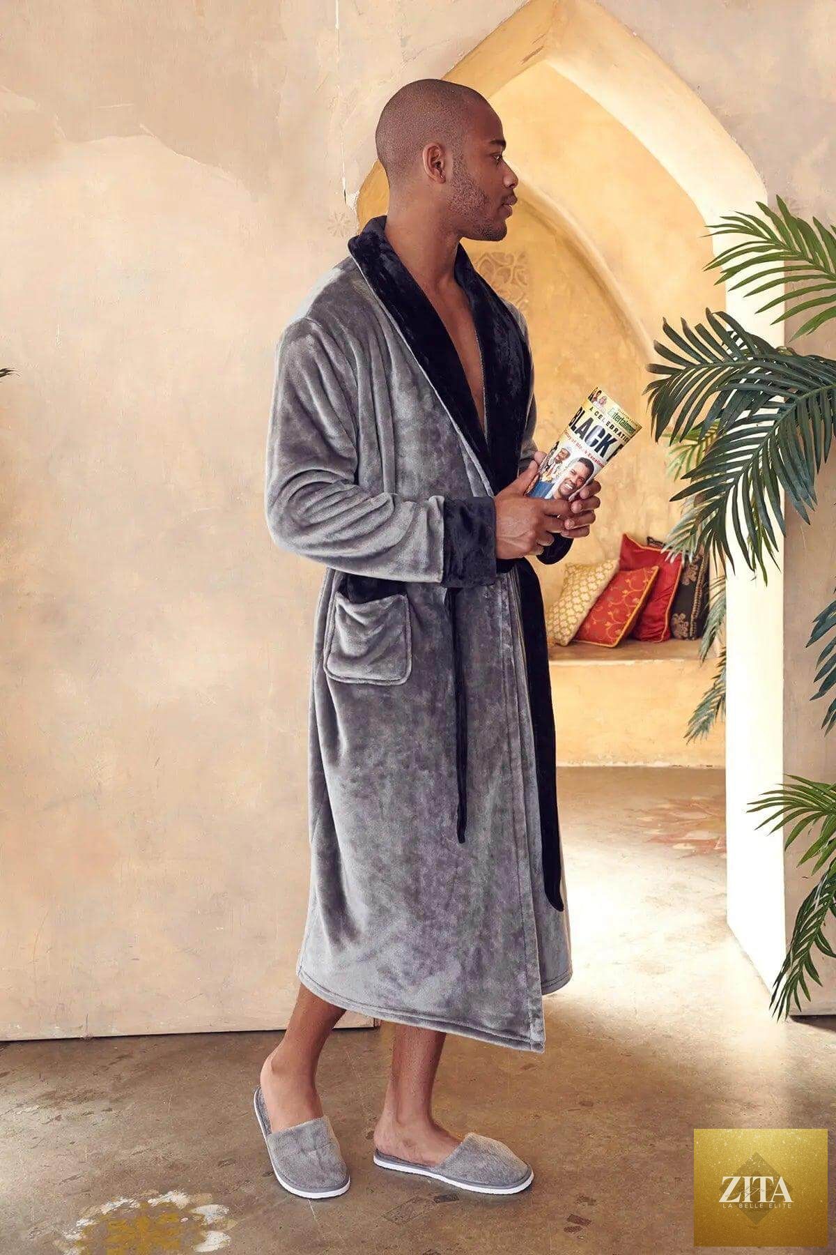 Luxurious men's plush bath robe by Lotus Linen, featuring soft, cozy fabric designed for ultimate comfort and durability.