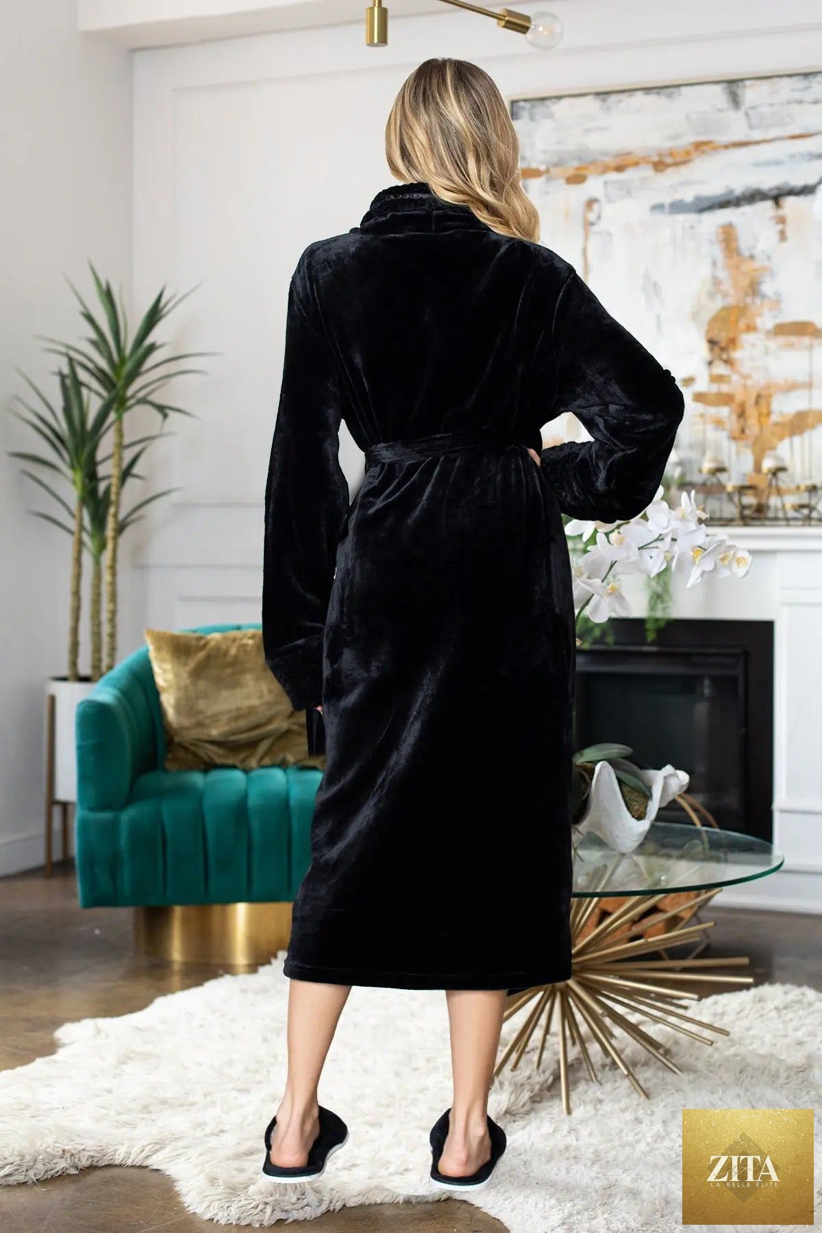 Women's plush bathrobe by Lotus Linen, ultra-soft and cozy, featuring a relaxed fit and plush fabric for comfort.