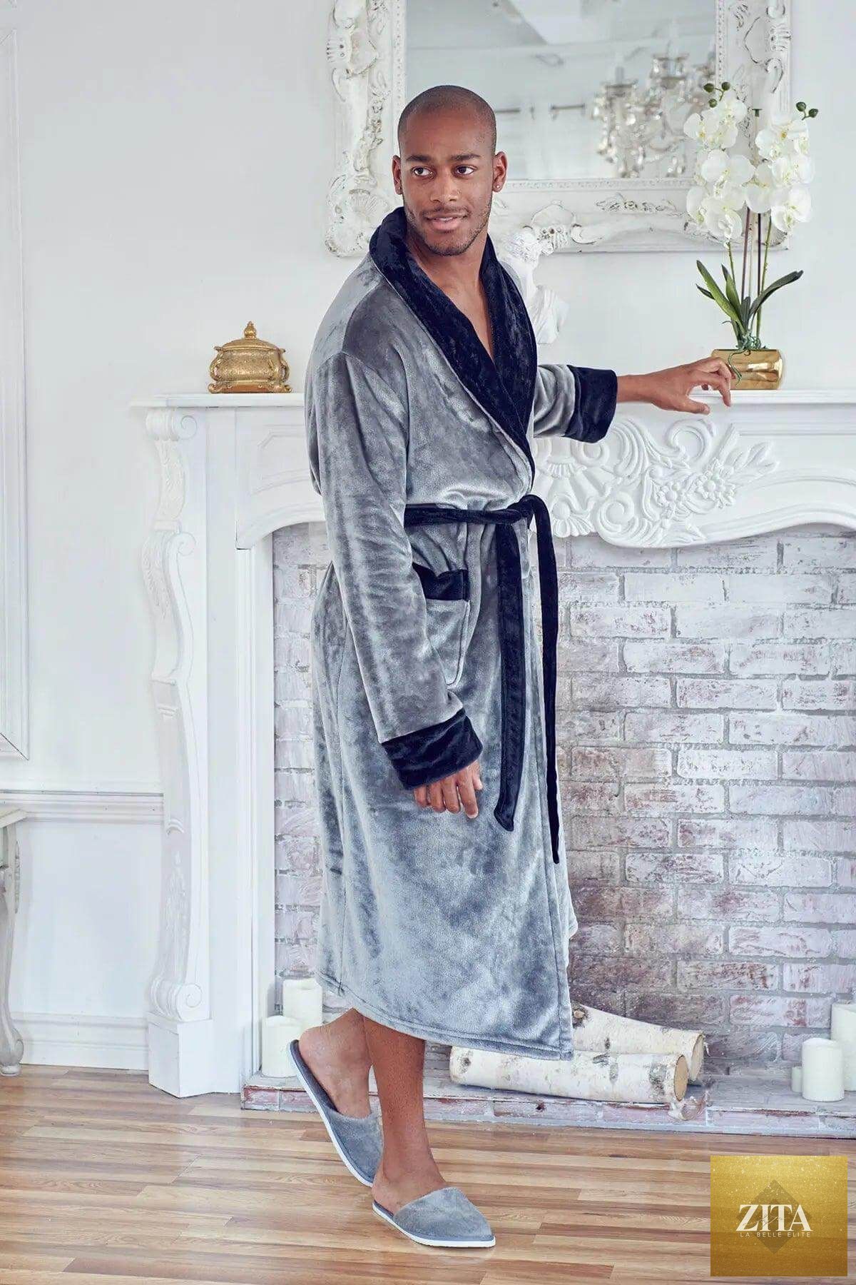 Luxurious plush men's robe by Lotus Linen, featuring soft fabric and a comfortable fit for cozy relaxation.