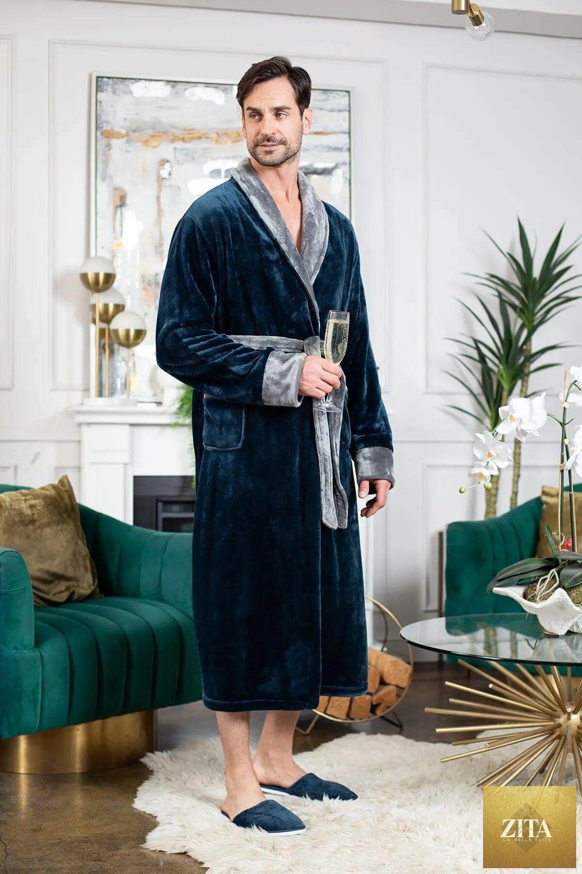 Luxurious plush men's robe by Lotus Linen, featuring soft fabric and comfortable fit for cozy relaxation.