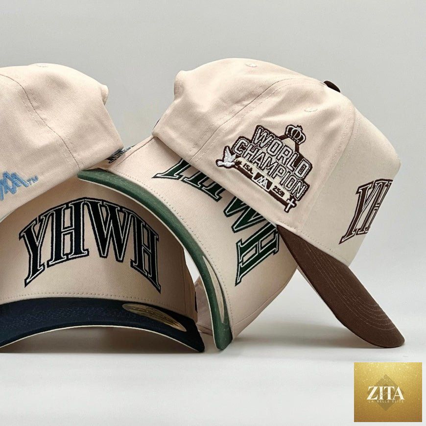 Cream and brown Malta Apparel YHWH structured snapback hat with a curved brim and adjustable strap.