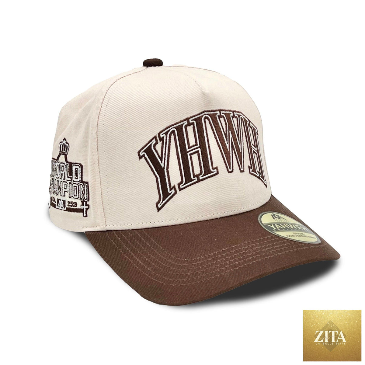 Cream and brown Malta Apparel YHWH structured snapback hat with a curved brim and adjustable strap.
