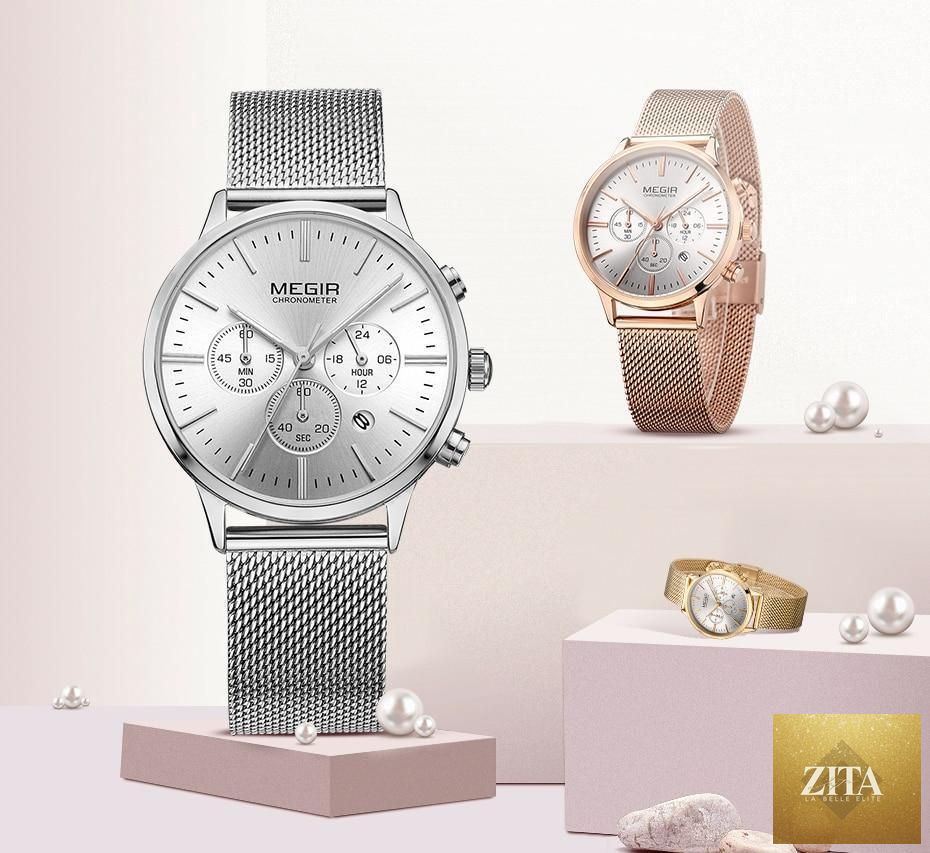 Gold women's luxury sport watch with a round face, waterproof quartz movement, and elegant gold-tone design.
