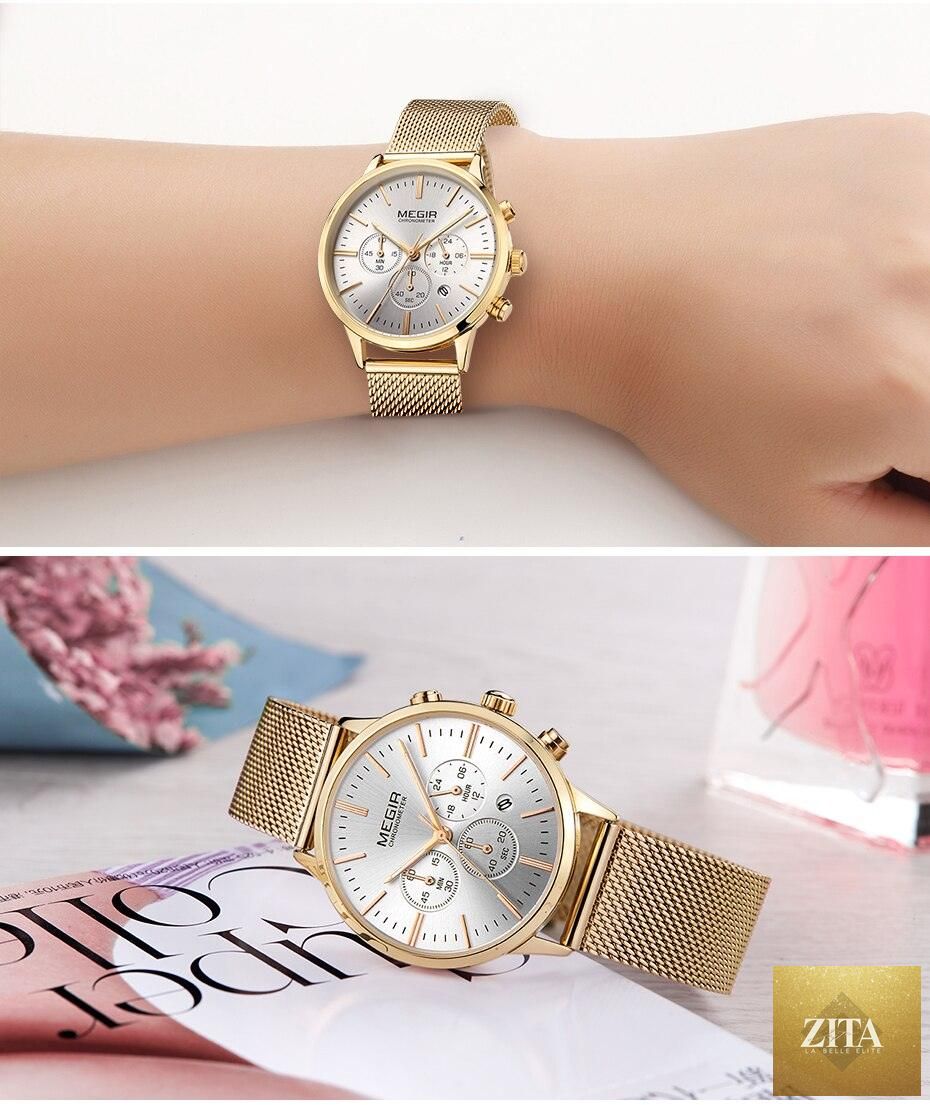 Gold women's luxury quartz sport wrist watch with a round face, waterproof design, and stylish gold finish.