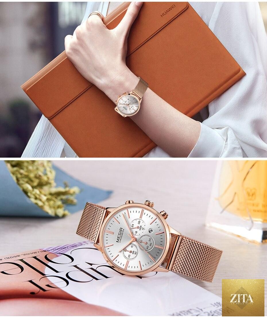 Luxury gold women's quartz sport watch with round face, waterproof design, elegant style, and gold-tone finish.