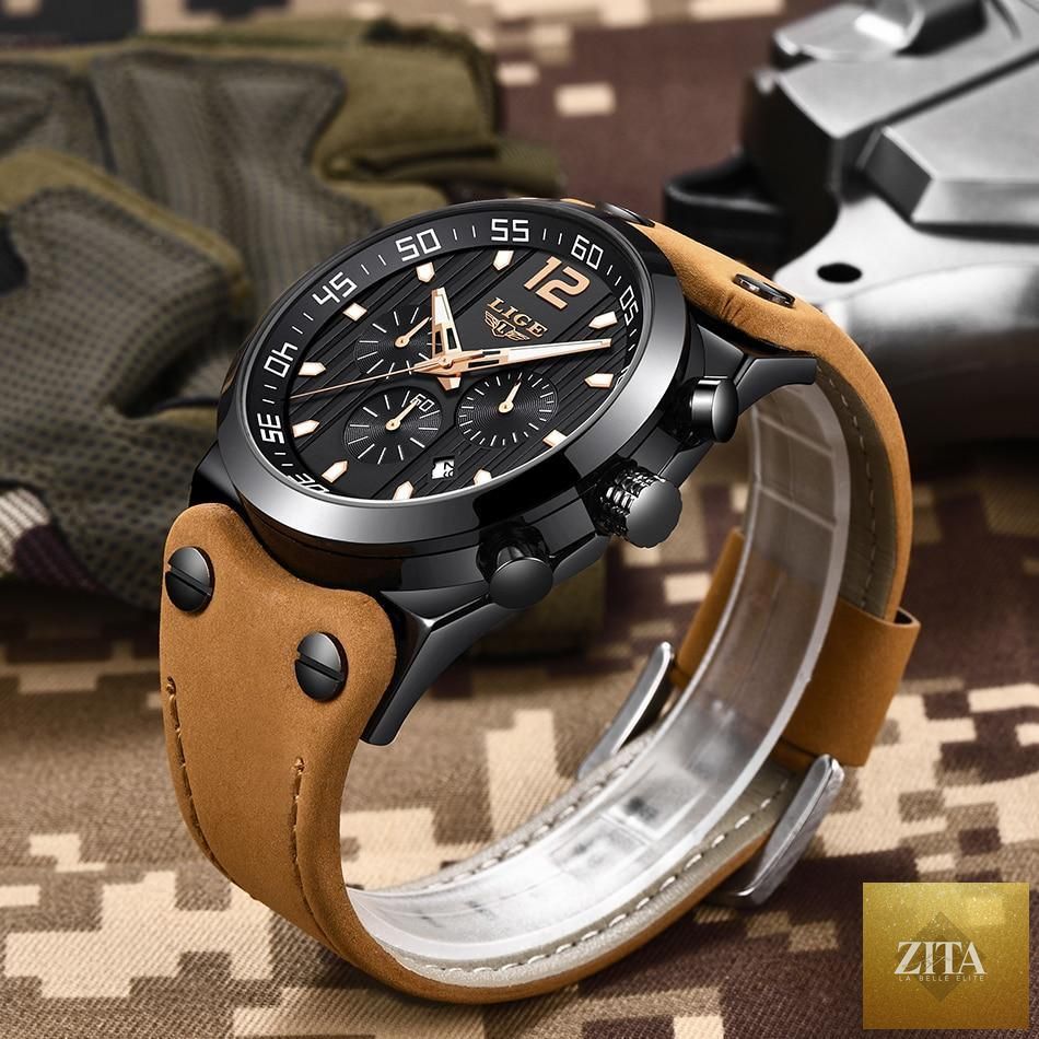 Men's waterproof Stevvex watch with leather belt, chronometer, day display, and fluorescent pointers, stylish and durable.