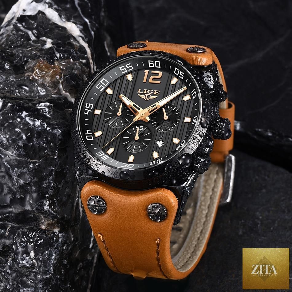 Men's waterproof watch with leather belt, chronometer, day display, fluorescent pointers, featuring a unique design by Stevvex.