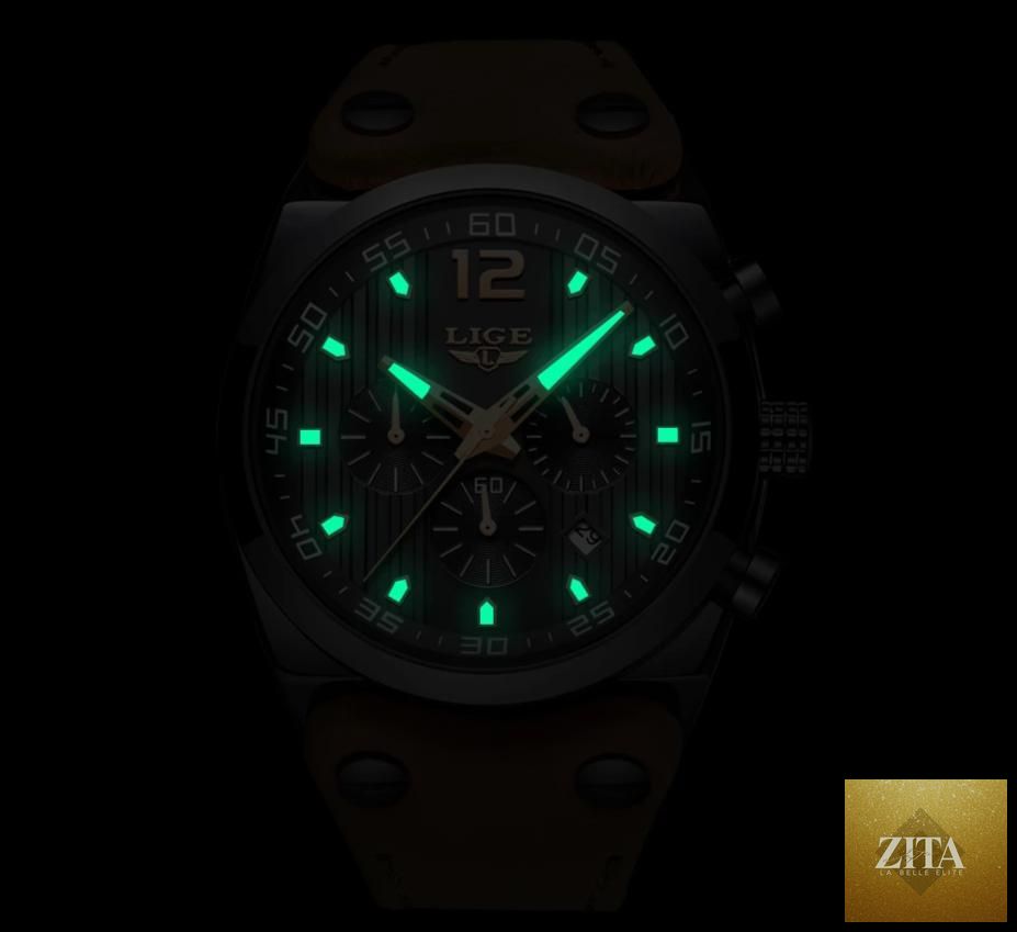 Men's Stevvex waterproof watch with leather belt, chronometer, day display, fluorescent pointers, showcasing a unique, stylish design.
