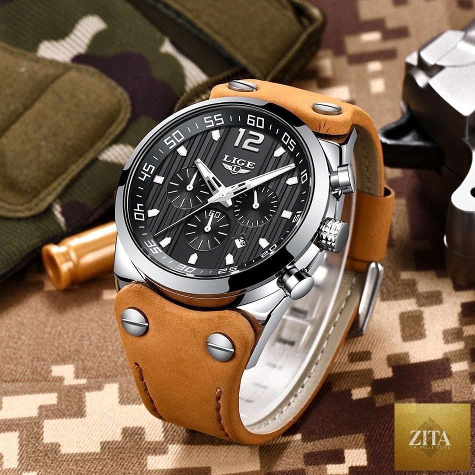 Men's waterproof Stevvex watch with leather belt, chronograph, day display, fluorescent pointers, stylish and functional design.