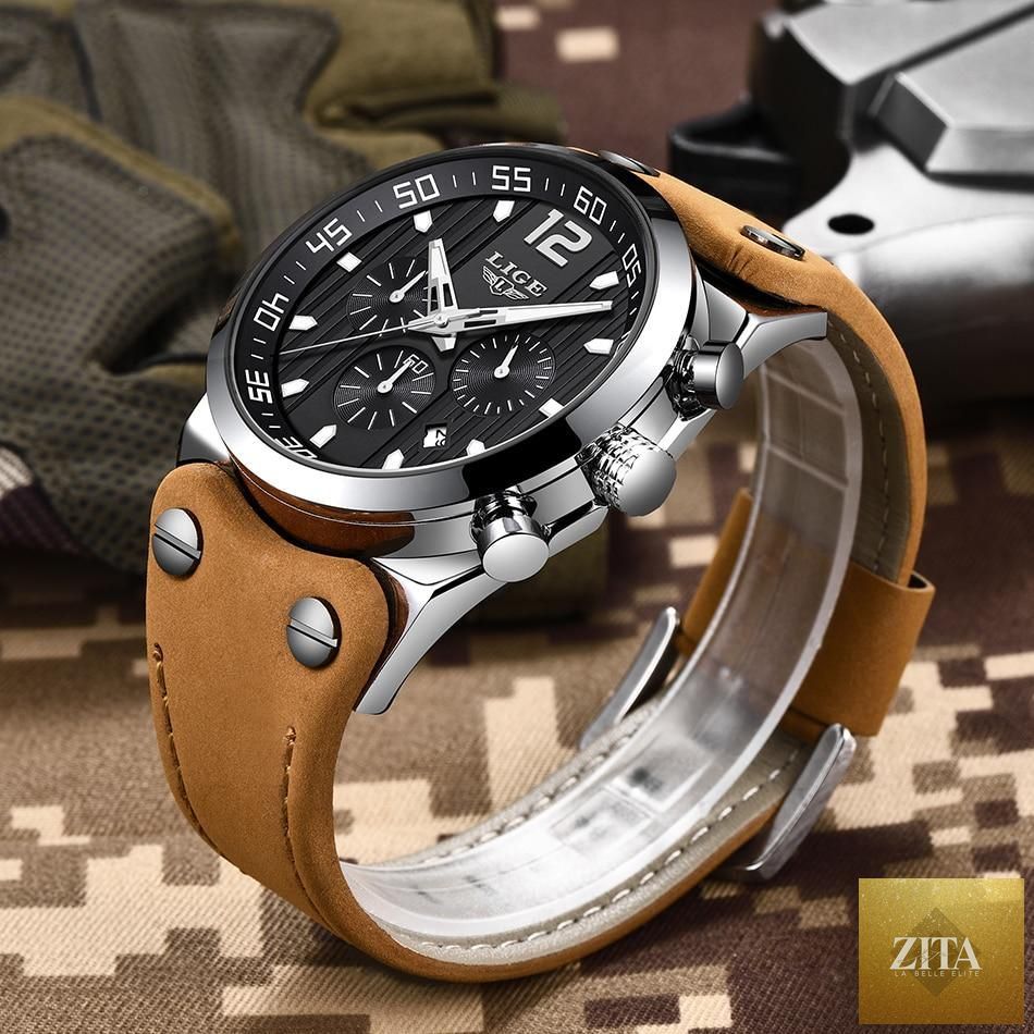 Men's waterproof Stevvex watch with leather belt, chronometer, day display, and fluorescent pointers.