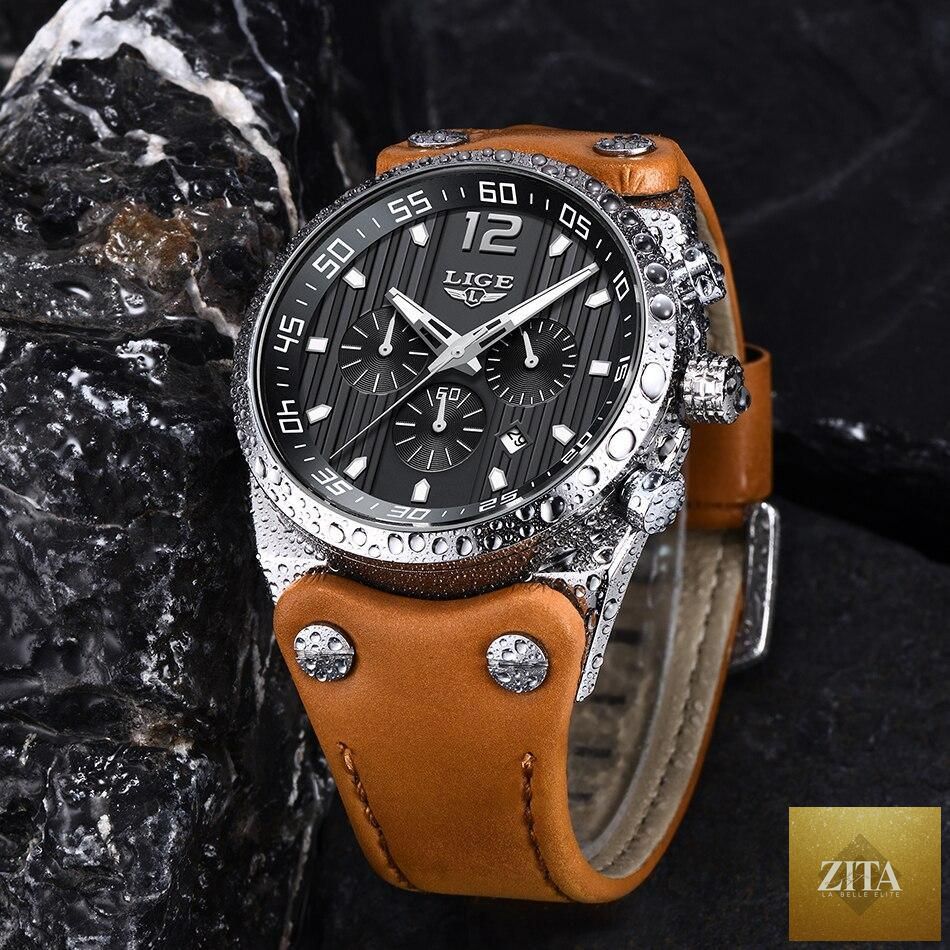 Stevvex men's waterproof watch with leather belt, chronometer, day display, fluorescent pointers, and unique design.