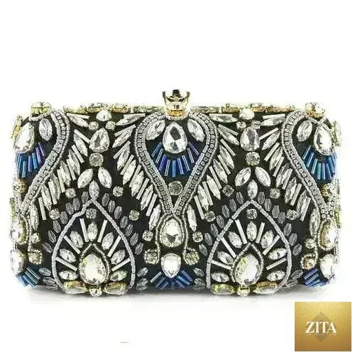 Femstylo diamond rhinestone clutch handbag with a sparkling evening minaudière design, featuring a sleek, elegant look for special occasions.