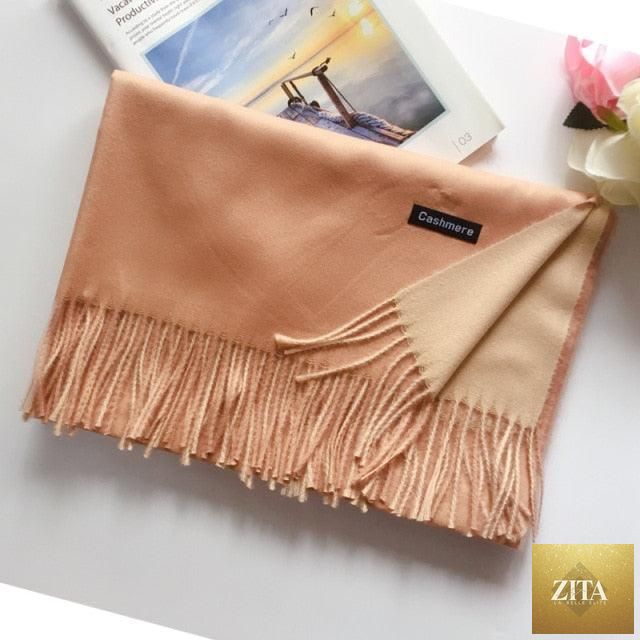 Stevvex long beige cashmere hijab with dot pattern, tassels, soft wool texture, lightweight, elegant winter wrap for women