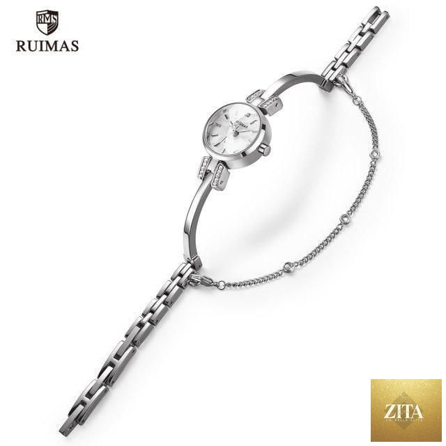 Stevvex luxury silver women's bracelet wristwatch with round face, modern design, quartz movement, waterproof, mini size.
