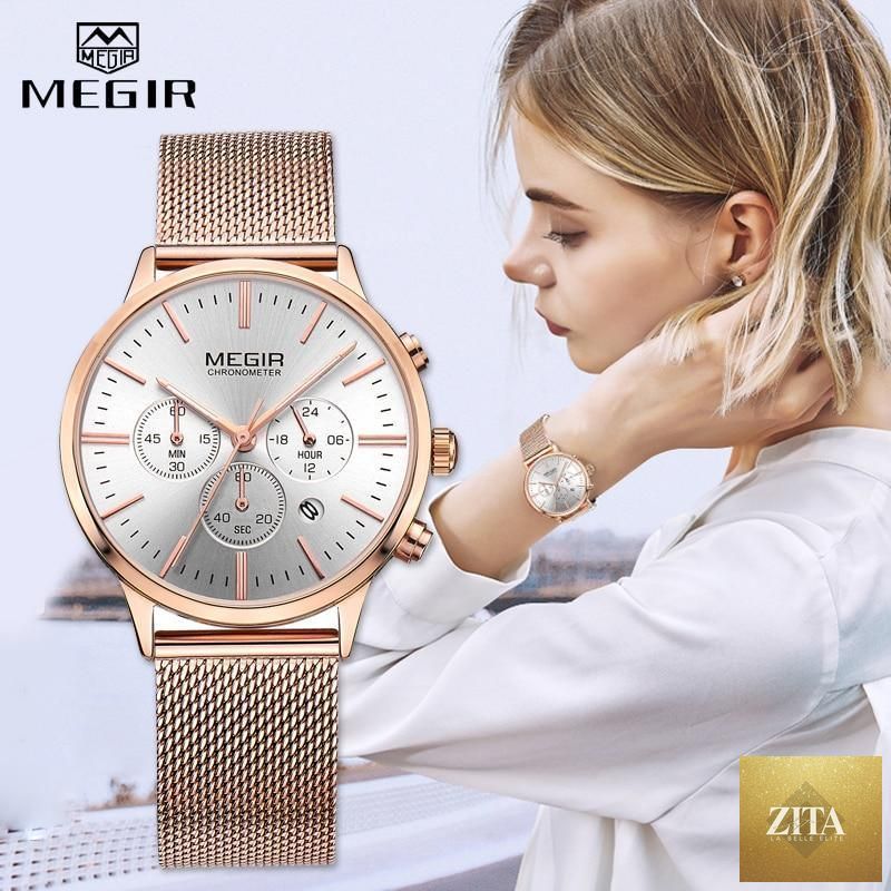 Luxury gold women's wrist watch with round face, quartz movement, water-resistant design, perfect for sporty and elegant styles.