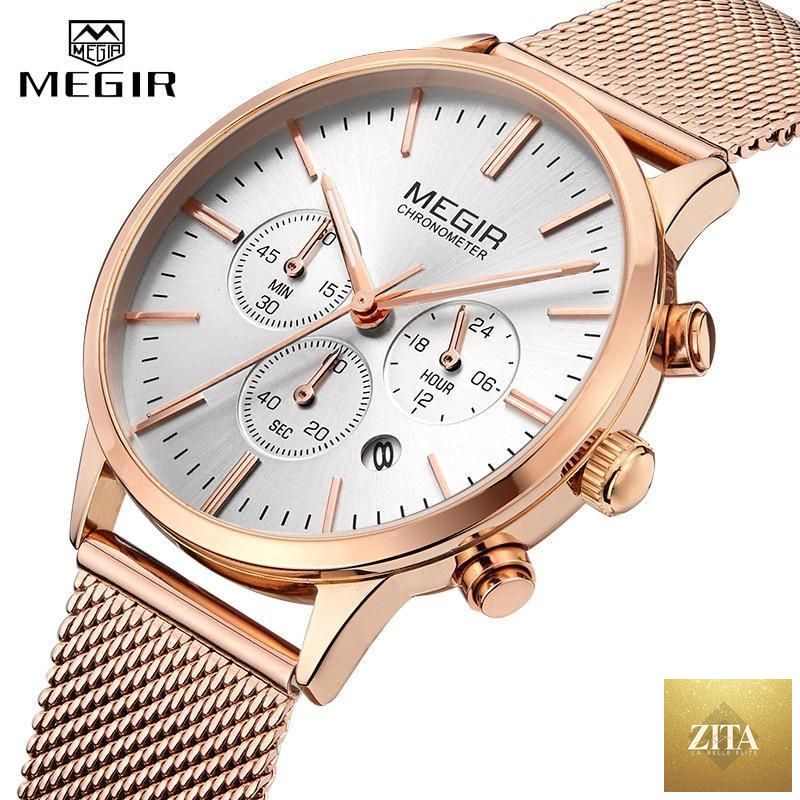 Luxury gold women's quartz sport watch with round face, waterproof design, and elegant style for women.