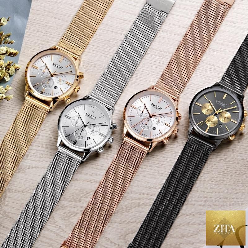Gold women's luxury quartz watch with round face, waterproof sport design, and gold-tone wristband for elegant style.