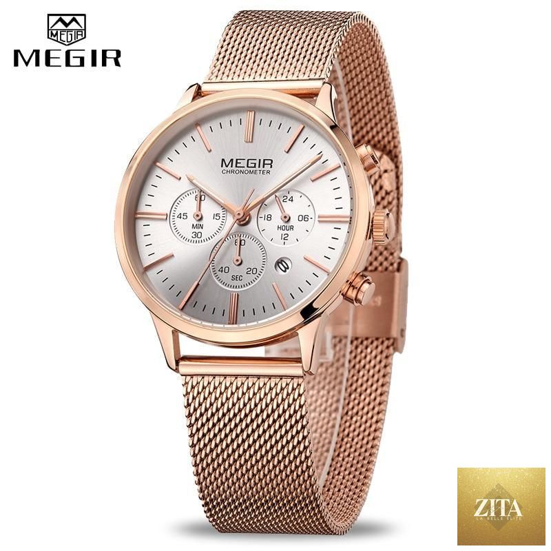 Gold women’s luxury sports wristwatch with a round face, quartz movement, waterproof design, and elegant gold finish.